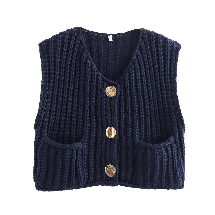 Damen Strickweste mit praktischen Taschen und dekorativen Holzknöpfen WW