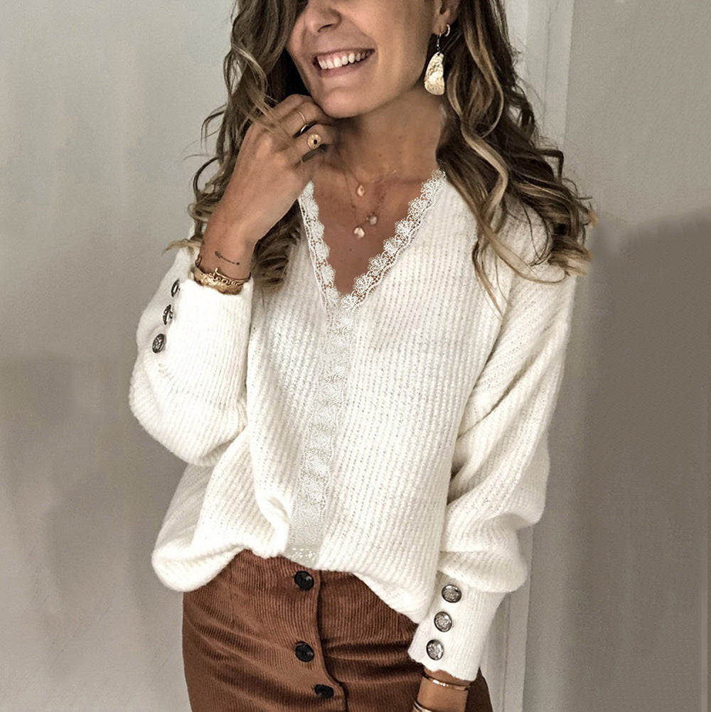 Damen Strickpullover mit gewelltem Ausschnitt und Knopfdetails WW