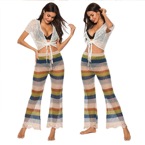 Damen Luftige Häkelhose im Boho-Stil mit hoher Taille WW