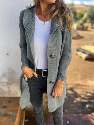 Damen Strickjacke mit Kapuze und Knöpfen WW