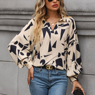 Damen lässige Bluse mit modernem grafischem Druck und voluminösen Ärmeln WW