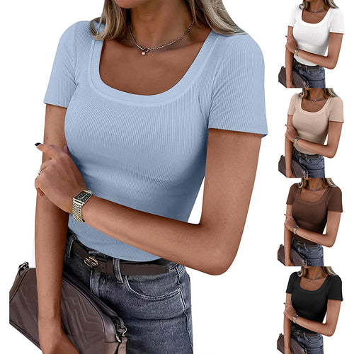 Damen figurbetontes Oberteil mit weitem Quadrat-Ausschnitt und kurzen Ärmeln WW