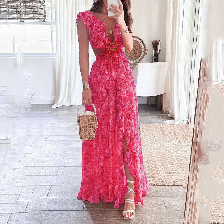 Damen Maxikleid mit hohem Schlitz und floralen Rüschendetails W&W Mode
