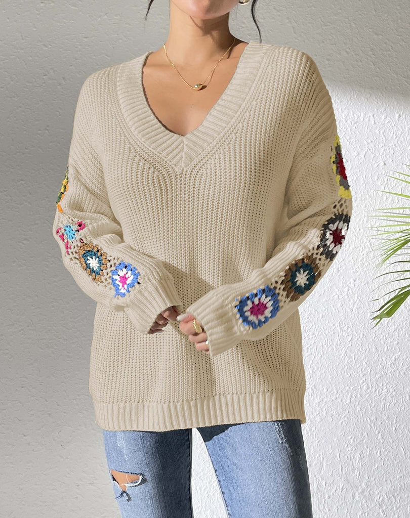 WW | Boho Strickpulli Für Frauen Mit Gehäkelten Ärmeln in Floralen Mustern