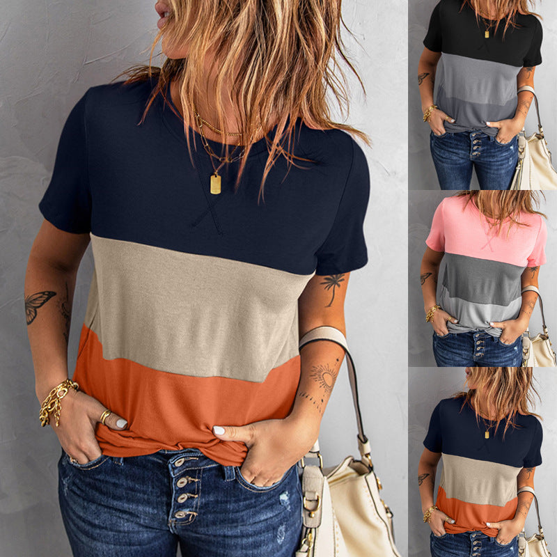 Damen lässiges T-Shirt mit farbigem Blockdesign und Rundhalsausschnitt WW