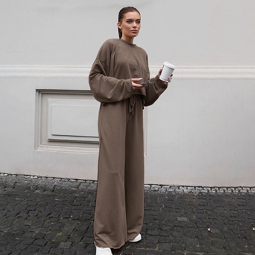 Damen Bequemes Cropped Sweatshirt und Weite Hose Set WW