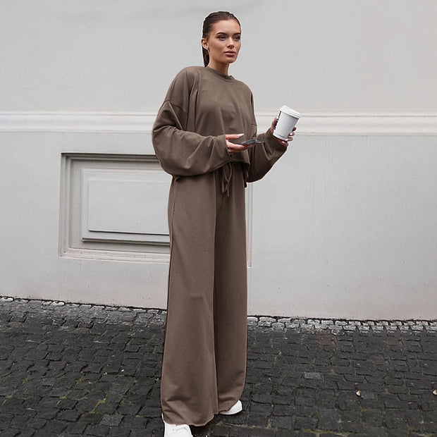 Damen Bequemes Cropped Sweatshirt und Weite Hose Set WW