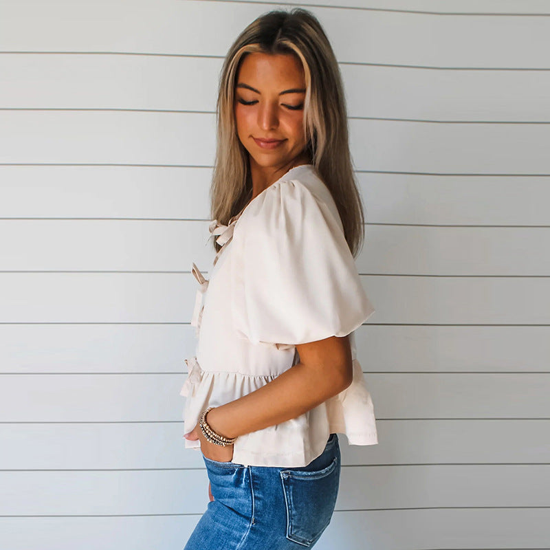 Damen Bluse mit Rüschen und Bindebändern WW