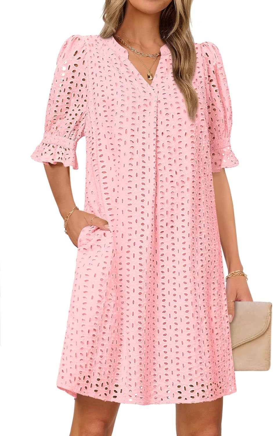 Damen luftiges Sommerkleid mit romantischem Lochmuster und praktischen Taschen W&W Mode