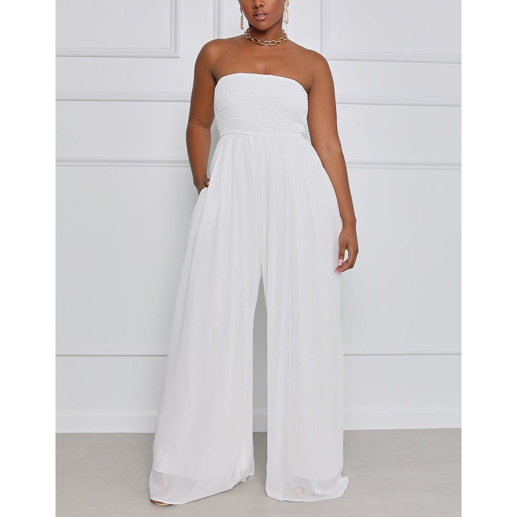 Damen eleganter Jumpsuit mit schulterfreiem Design und elastischem Oberteil WW