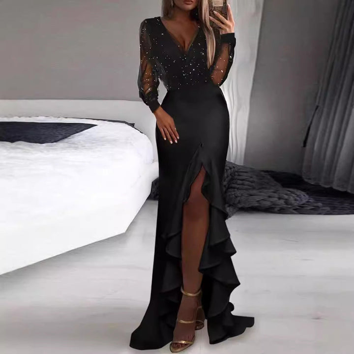 Damen langes Abendkleid mit V-Ausschnitt und langen Ärmeln
