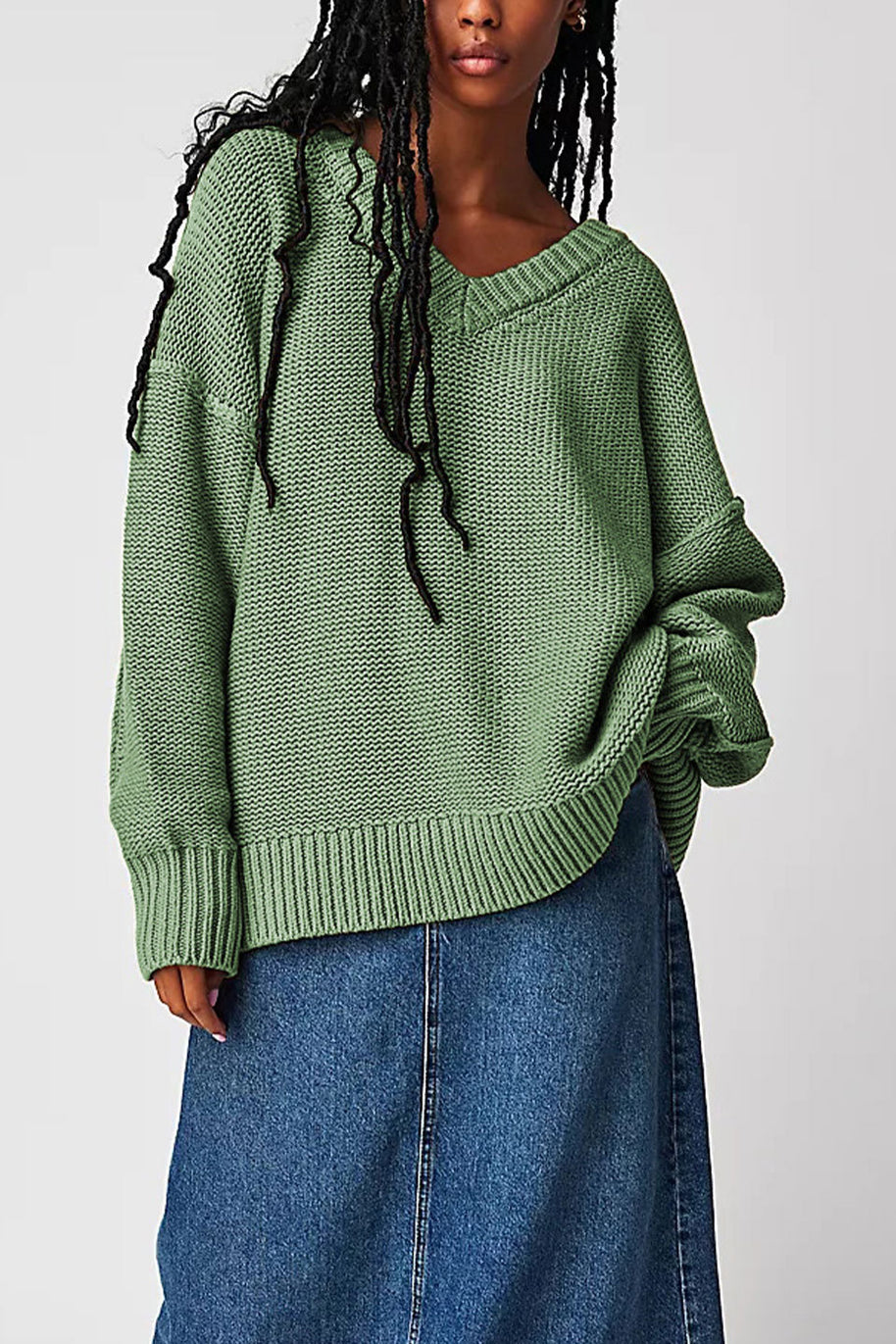 Damen V-Ausschnitt Oversized Pullover mit strukturiertem Strickmuster WW