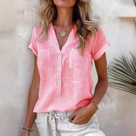 Damen Kurzarm Bluse mit Knopfleiste und Brusttaschen WW