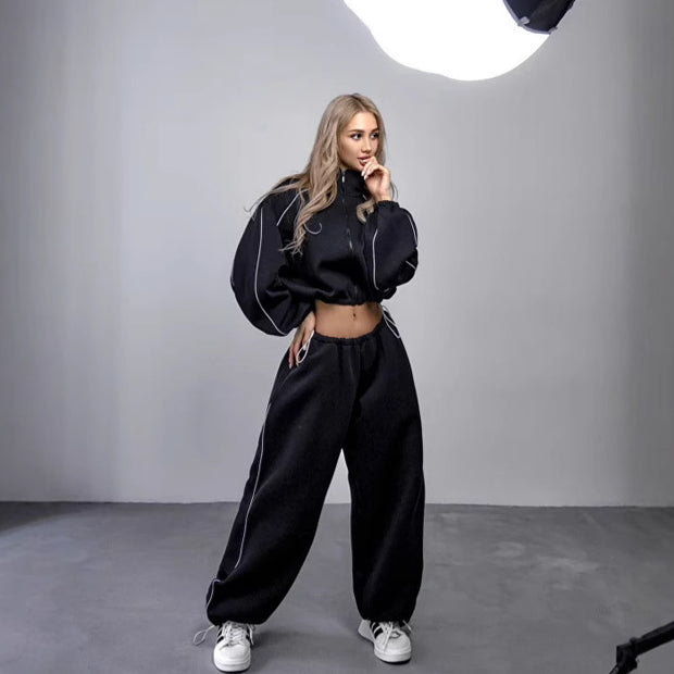 Damen sportliches Oversized Hoodie-Set mit hochschließendem Kragen und Gummizug WW