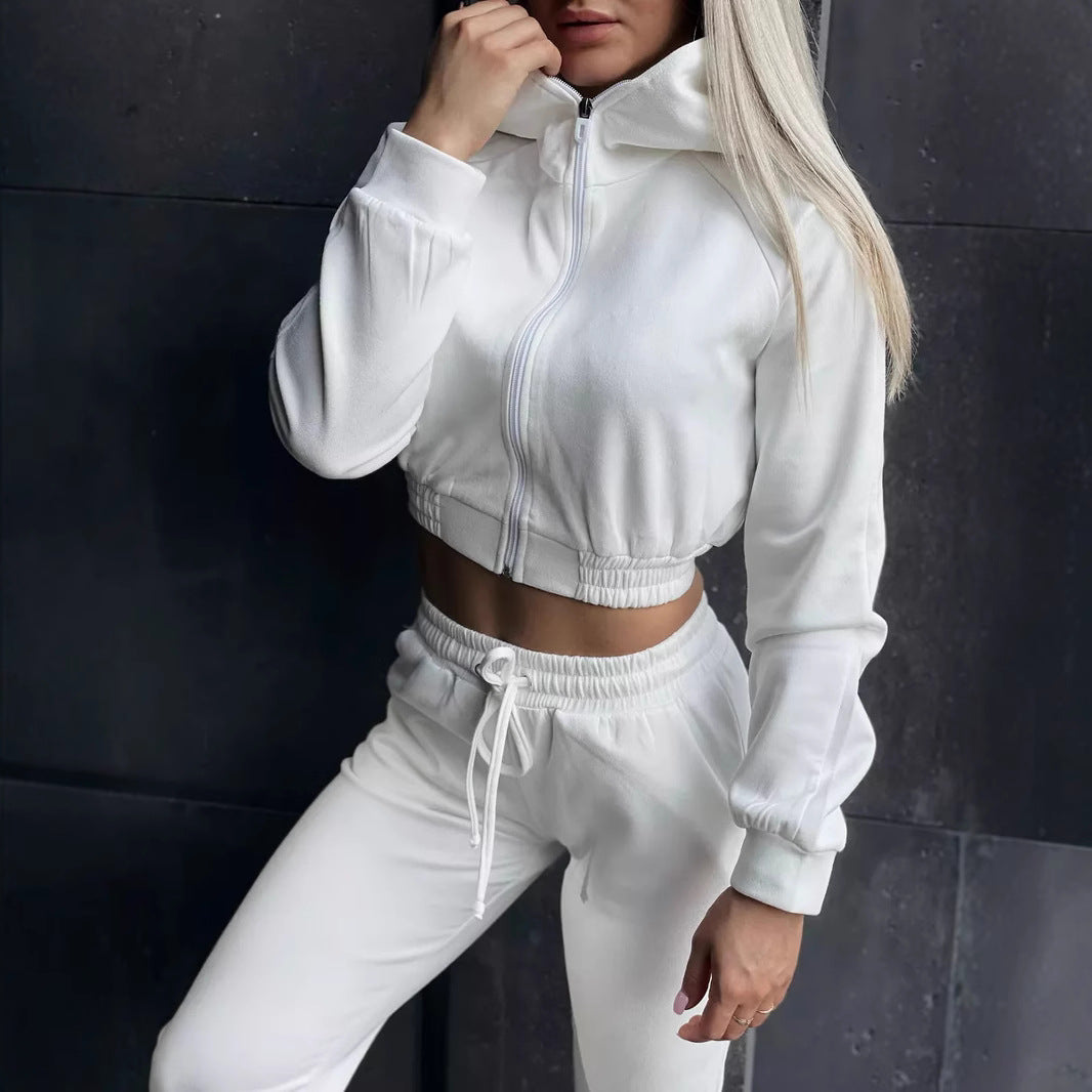 Damen Sportliches Fleece-Cropped-Set mit Kapuze und elastischem Bund WW