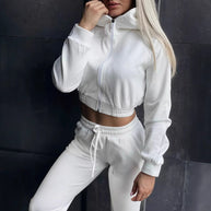 Damen Sportliches Fleece-Cropped-Set mit Kapuze und elastischem Bund WW