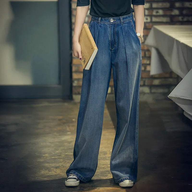Damen Weite Denim-Hose im lässigen Hochbund-Stil WW