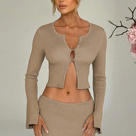 Damen Strick Set mit tiefem Ausschnitt und ausgestellten Ärmeln WW