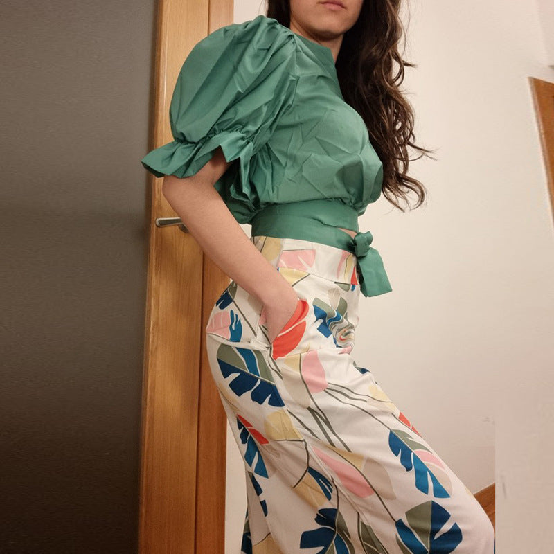 Damen Crop-Top und weit geschnittene Hose Set W&W Mode