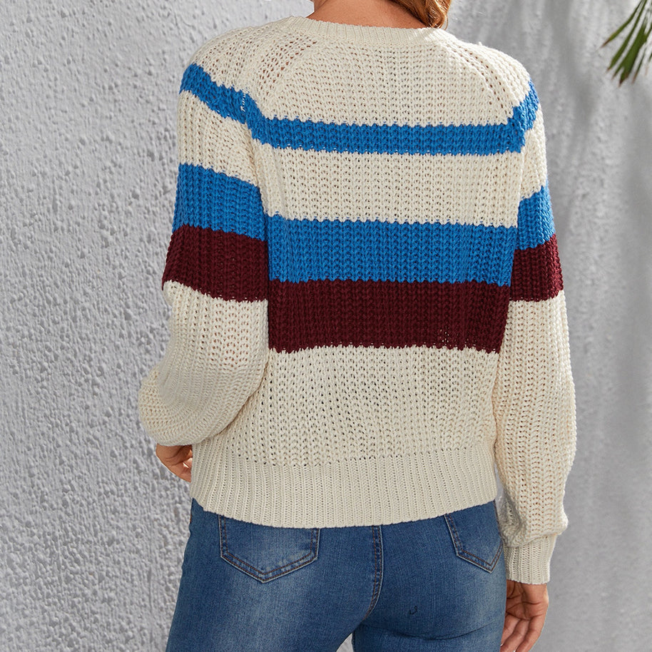 Damen Baumwollpullover mit modernen Blockstreifen und Rundhalsausschnitt WW