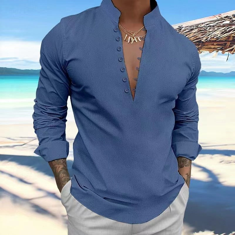 Herren Langarmshirt mit kreativem Knopfdesign und modernem Stehkragen WW