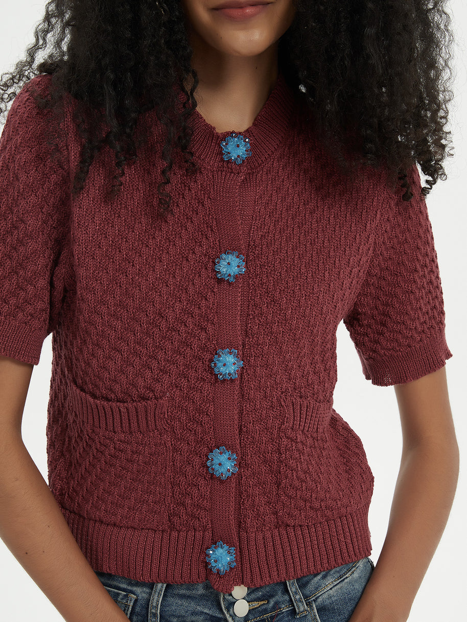 Damen Strickjacke mit aufwendigem Strukturmuster und dekorativen Knöpfen WW