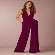 Damen eleganter Jumpsuit mit tiefem V-Ausschnitt und weitem Bein WW