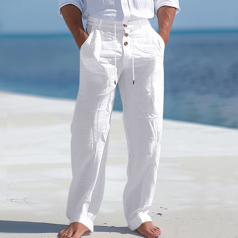 Herren lässige Leinenhose mit hohem Bund und bequemen Taschen WW