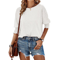Damen lässiges Oversized T-Shirt mit modischen Puffärmeln und Rundhalsausschnitt WW
