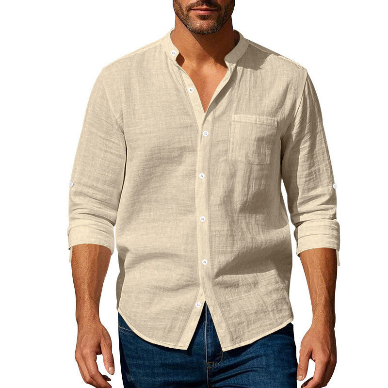 Herren nan Leinenhemd mit Stehkragen und aufrollbaren Ärmeln W&W Mode
