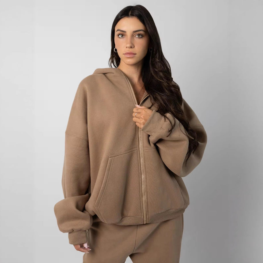 Damen sportliches Fleece-Hoodie-Set mit Reißverschluss und weiten Hosen WW
