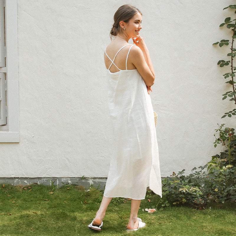 Damen elegantes Leinenkleid mit verstellbaren Spaghetti-Trägern und fließendem Schnitt WW