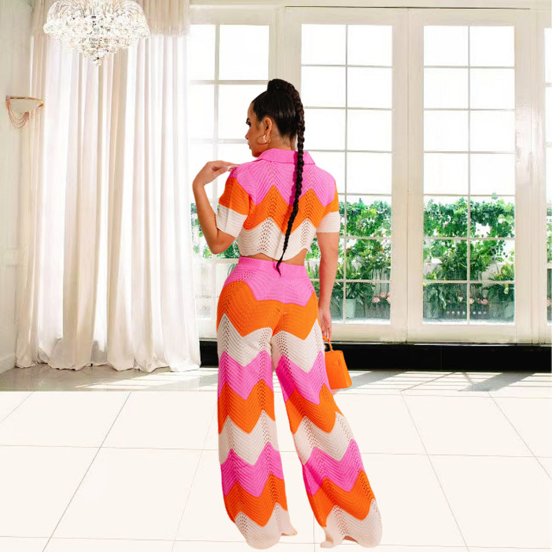 Damen Set aus gehäkeltem Crop-Top und weitem Palazzo-Hosen WW