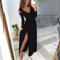 Damen elegantes Maxikleid mit tiefem V-Ausschnitt und seitlichem Schlitz