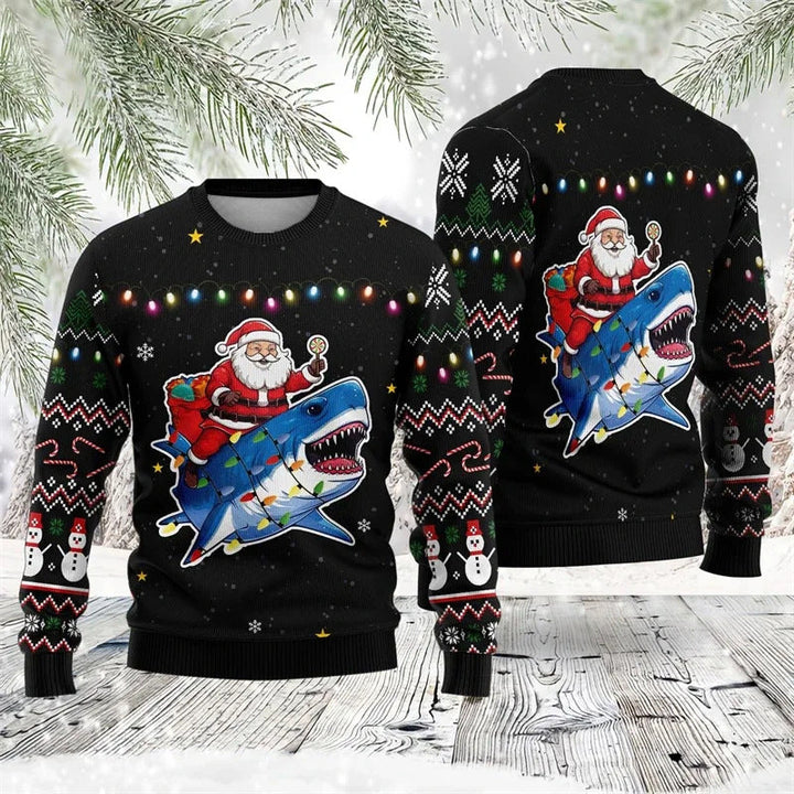 W&W Mode | Buntes Santa Claus Cartoon Druck - Schwarzer Feiertags-Icon Pullover