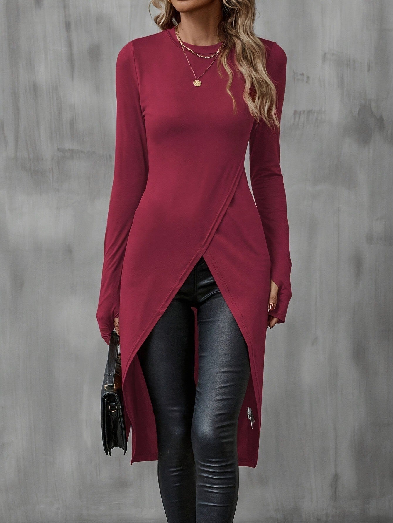 Damen asymmetrisches Longshirt mit eleganter Wickeloptik WW