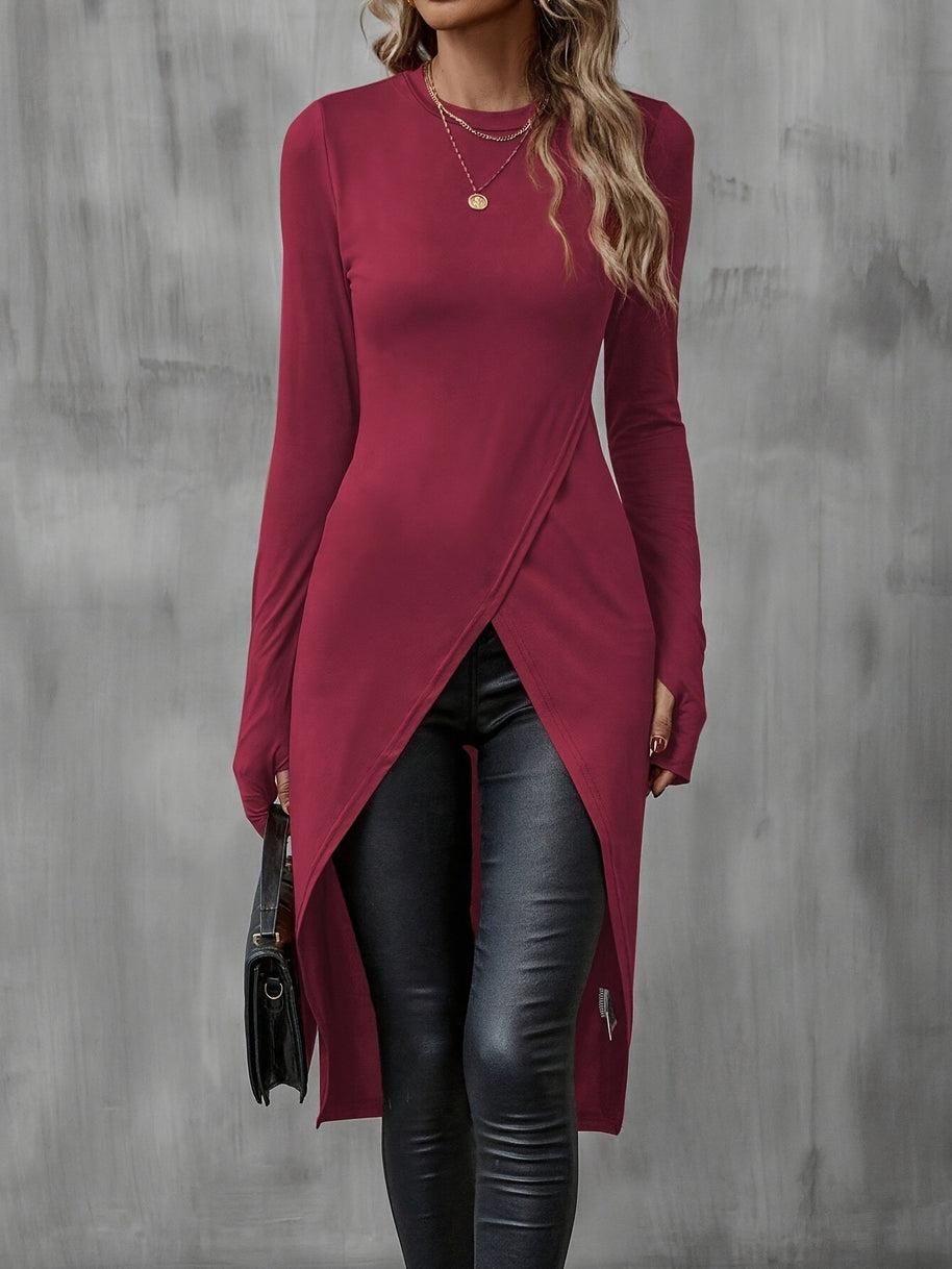 Damen asymmetrisches Longshirt mit eleganter Wickeloptik WW