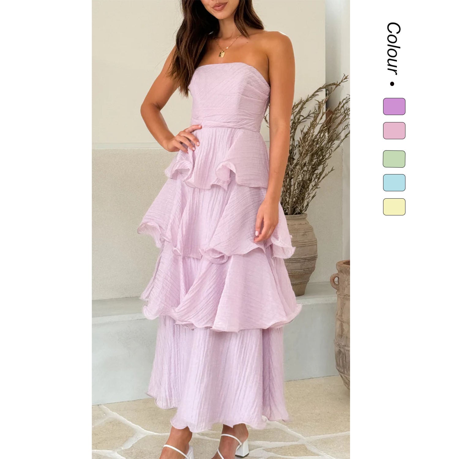 Damen Maxi-Rüschenkleid mit trägerlosem Design und fließendem Rock WW