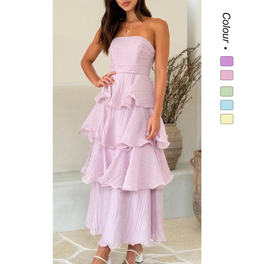Damen Maxi-Rüschenkleid mit trägerlosem Design und fließendem Rock WW