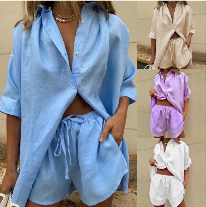 Damen Leinenbluse und Shorts-Set mit lockerer Passform und elastischem Bund W&W Mode