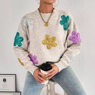 Damen Strickpullover mit glitzernden Blütenapplikationen WW
