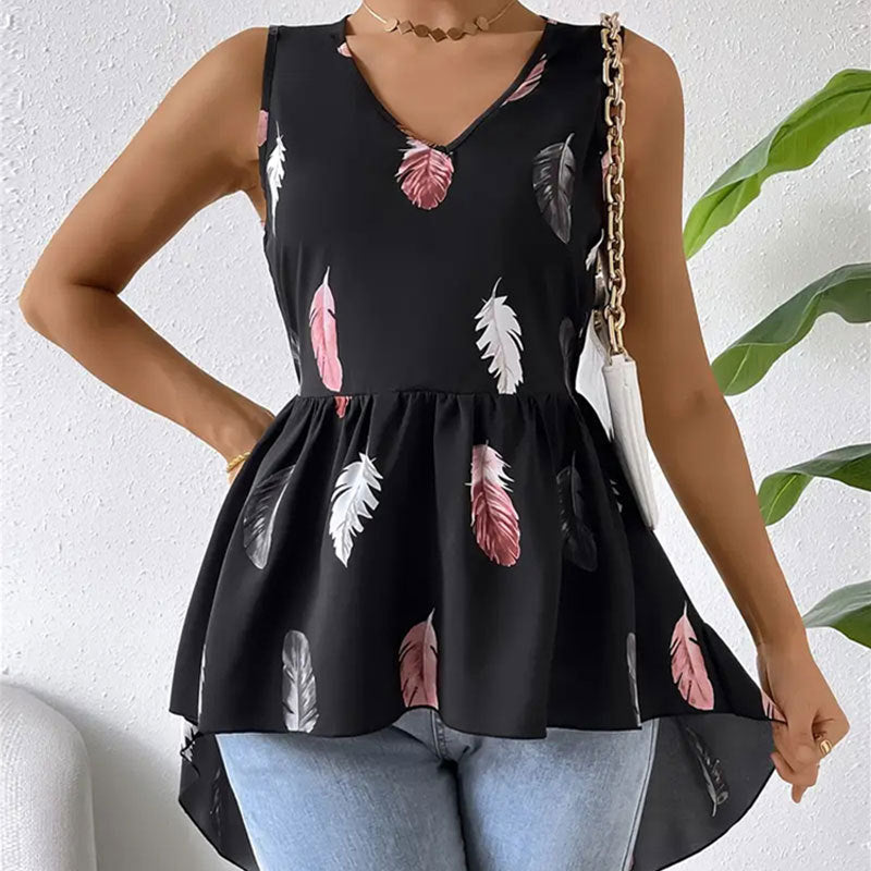 Damen Luftiges Blusenshirt mit V-Ausschnitt und Federprint W&W