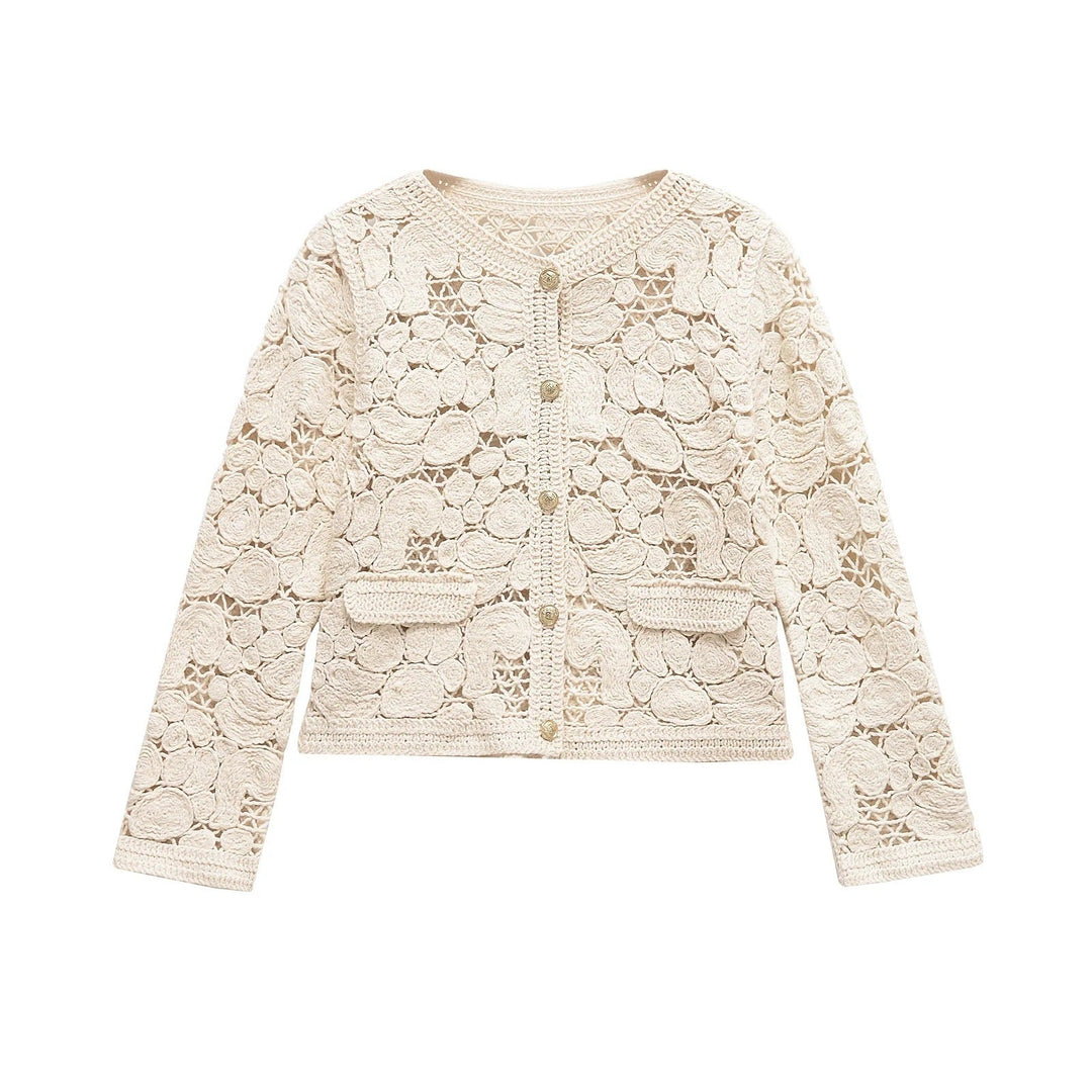 Damen Strickjacke aus feiner Spitze mit dekorativen Knopfdetails und eleganter Silhouette W&W Mode