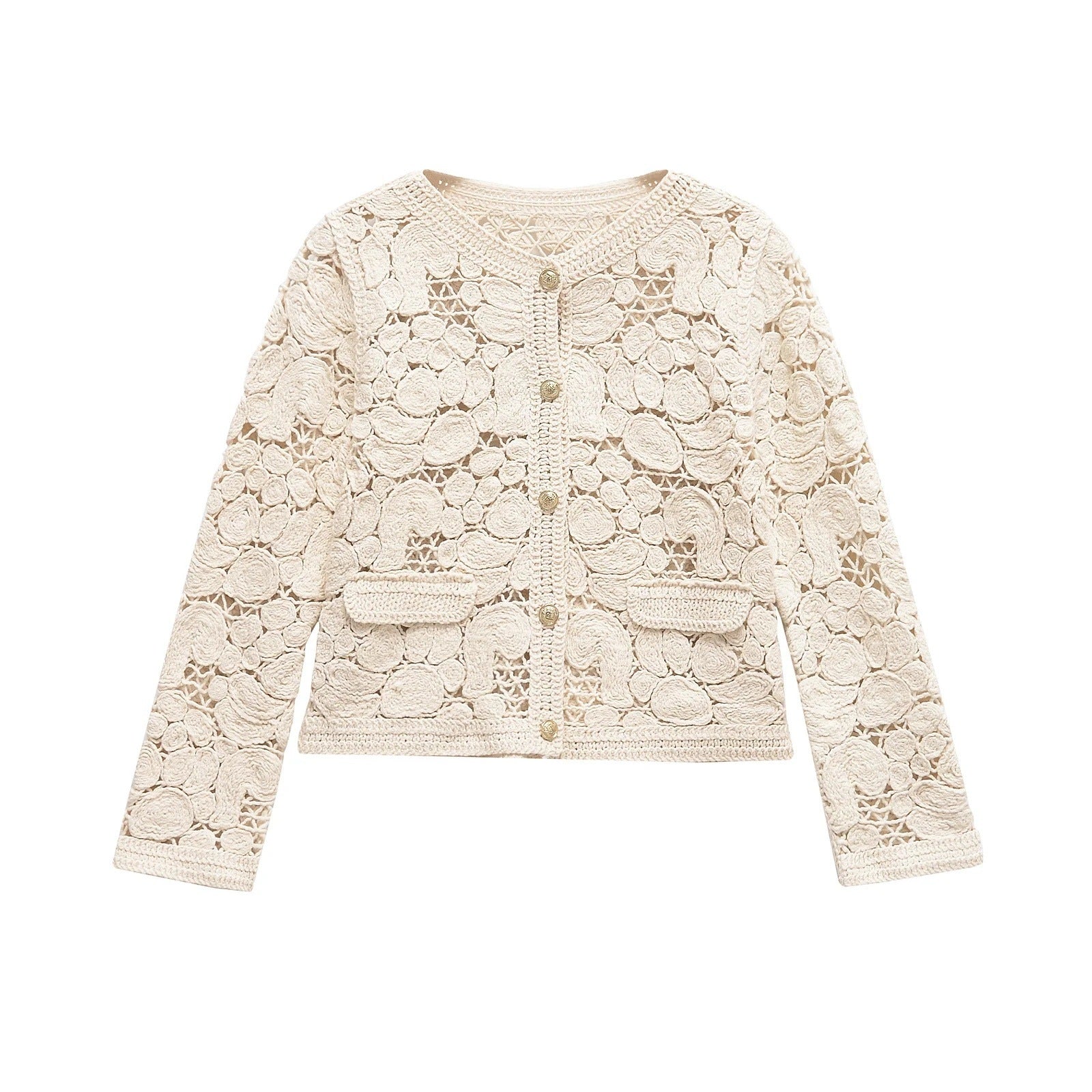 Damen Strickjacke aus feiner Spitze mit dekorativen Knopfdetails und eleganter Silhouette WW