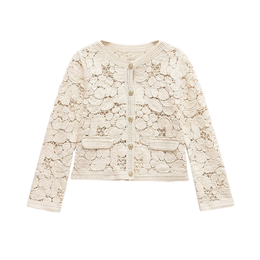Damen Strickjacke aus feiner Spitze mit dekorativen Knopfdetails und eleganter Silhouette WW
