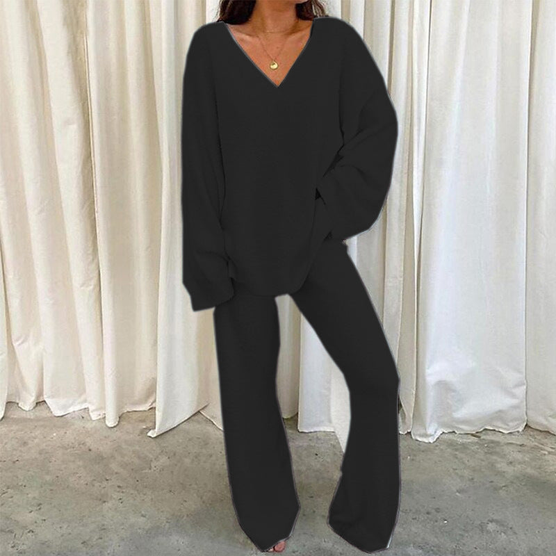 Damen Bequemes Fleece-Loungewear-Set mit V-Ausschnitt WW