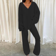 Damen Bequemes Fleece-Loungewear-Set mit V-Ausschnitt WW