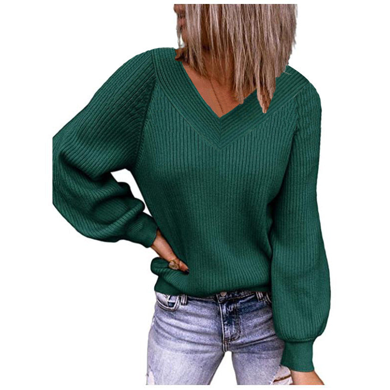 Damen Strickpullover mit V-Ausschnitt und Ballonärmeln WW