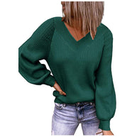 Damen Strickpullover mit V-Ausschnitt und Ballonärmeln WW