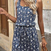Damen ärmelloses Blumenkleid mit verstellbarem Taillenzug und fließendem Schnitt WW